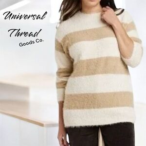 Universal Thread Women's Soft Cozy Cream Tan Striped Fuzzy Crew Neck Sweater